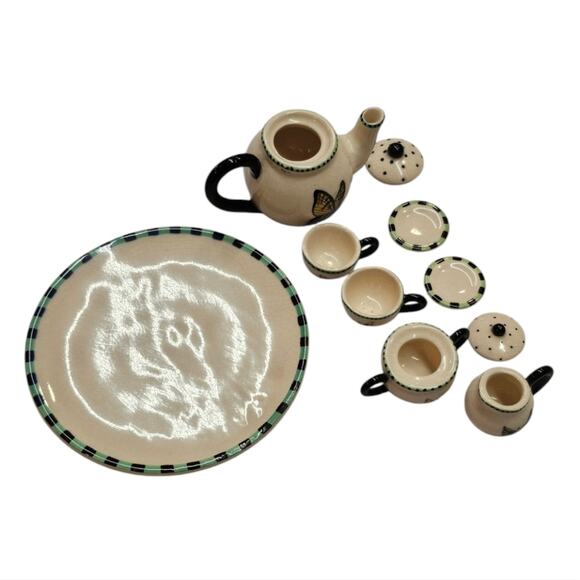 Butterfly Pattern Mini Tea Set Teapot Cream Sugar 2 Tea Cups with Saucers - Picture 3 of 10